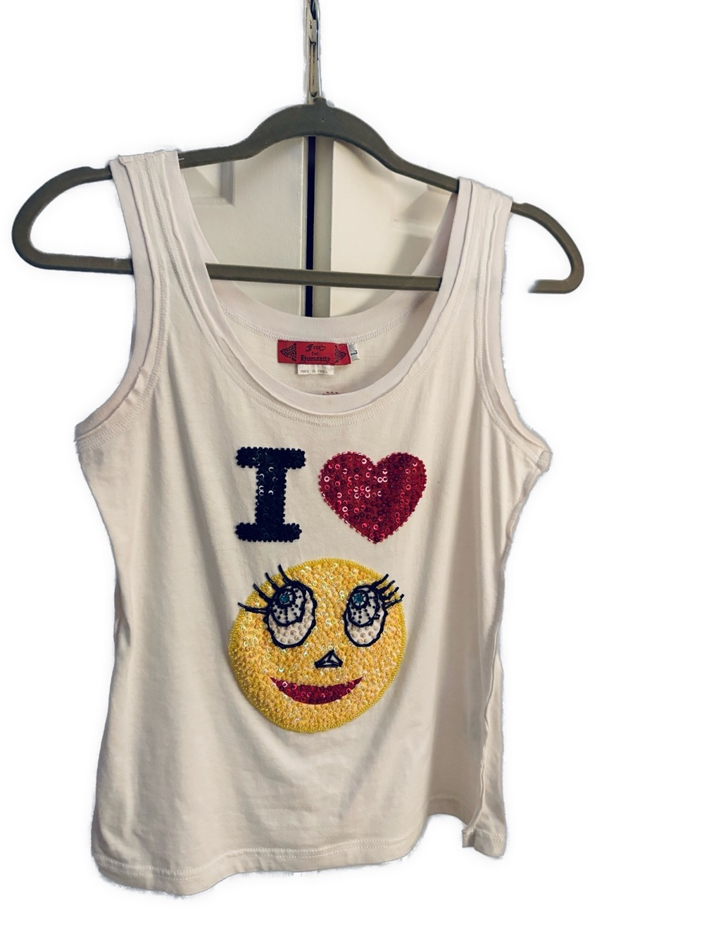 Free For Humanity White Sequin Emoji Tank Top - Cute I Heart Design